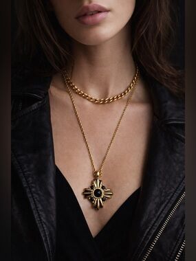Vintage Trifari Gold Tone Cross Necklace Black Cabochon Pendant